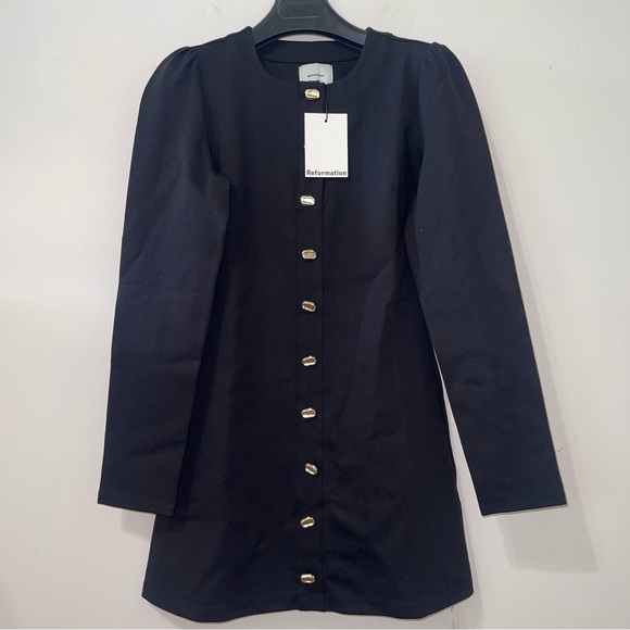 Reformation Micah Knit Dress Black Long Sleeve Dress with Gold Buttons - Picture 8 of 11